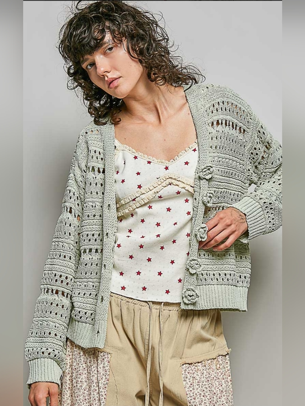 #1519 POL Lime Meadow Crochet Cardigan